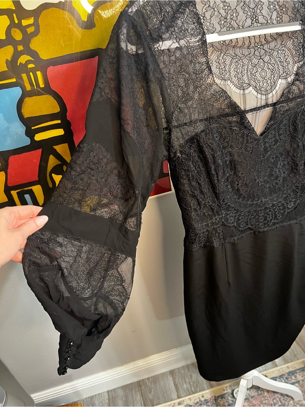 Bastyan Mid-length dress Black Lace Sweat Heart Long Sleeve 8 Medium - Picture 6 of 13